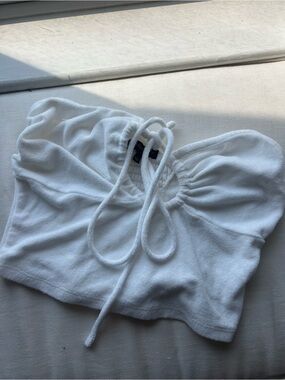 Cotton Candy White Terry Cropped Tie-Front Tube Top